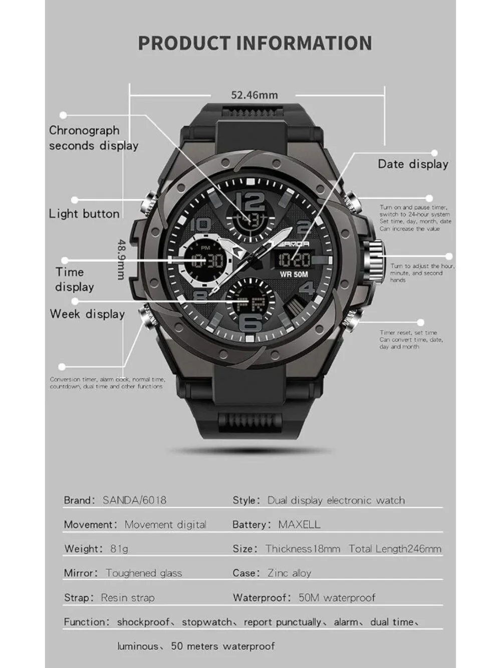 Men's Black Analog Quartz Sport Waterproof Military Tactical LED Digital Watch